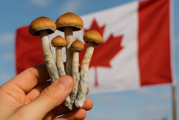 Hand holding dried magic mushrooms in front of a Canadian flag.