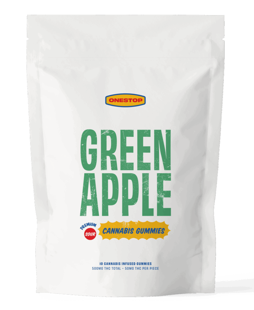 Onestop_Mockup_GreenApple-e1640207199481.png pack of onestop sour green apple thc gummies 500m
